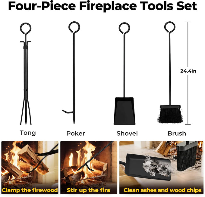 AMAGABELI GARDEN & HOME 31in Large Firewood Rack With Fireplace Tools Set Wrought Iron Indoor Outdoor Kindling Log Holder Heavy Duty Wide Wood Storage Log Rack Accessories Shovel Poker Tongs Broom