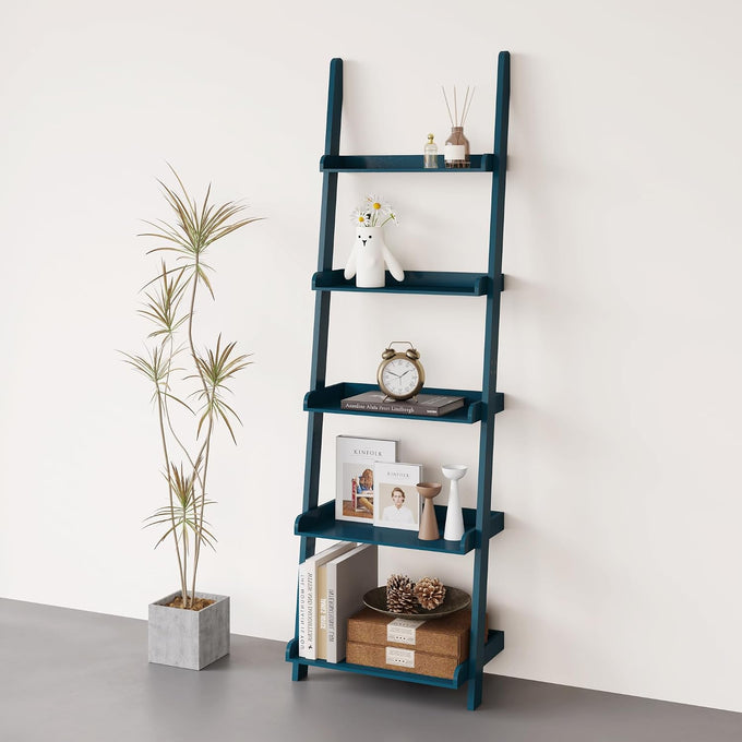 eHemco Modern 5 Tier Leaning Wall Ladder Bookshelf, Black, 70 Inches