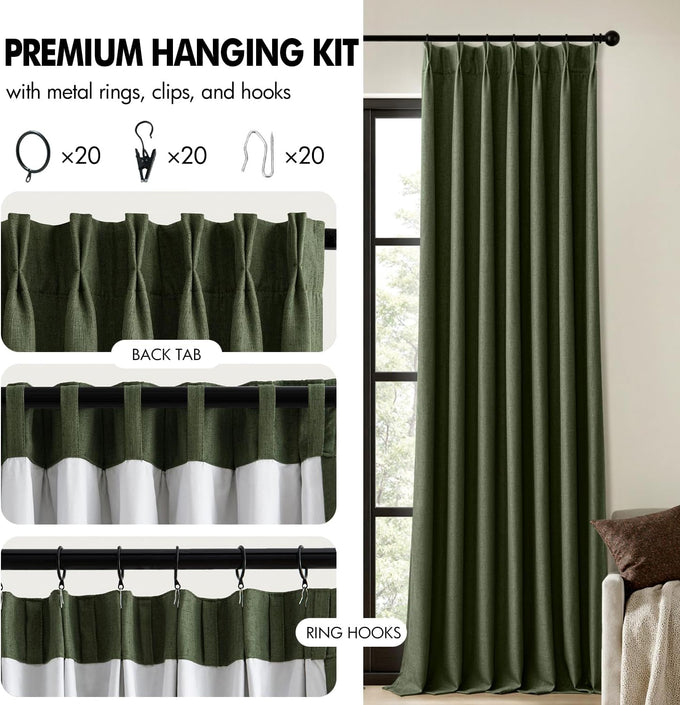 MIULEE Olive Green Pinch Pleated 100% Blackout Linen Curtains 40x84 Inches