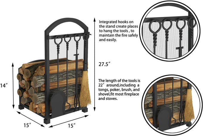Lizh Metalwork Fireplace Log Holder with Fireplace Tools, Wrought Iron Indoor Stove Accessories Firewood Rack Holder Lumber Storage Stacking Log Holder Log Bin with Tongs Shovel Poker and Brush