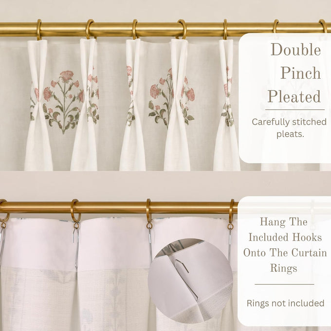 DrapePalette - Linen Blend Pinch Pleated Curtains 96 Inches Long for Living Room, Bedroom, Dining Room, Light Filtering Curtains 2 Panels Set, Modern Floral Printed Design, Beige White, 30" W x 96" L