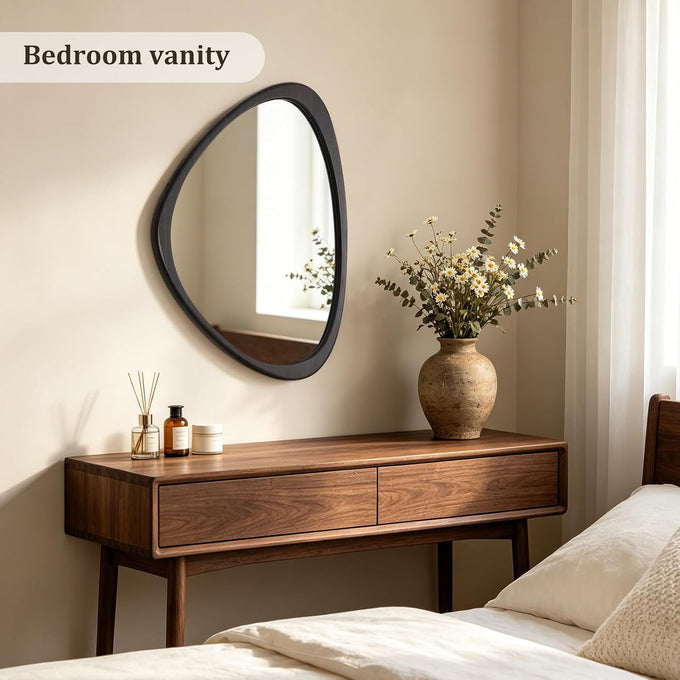 HOMECOOKIN 25 x 20 Asymmetrical Mirror, Irregular Wooden Wall Mirror for Bedroom, Living Room,Entryway– Mid-Century Modern Decorative Mirror, Solid Wood Frame, Pebble Shaped Design (Dark Brown)