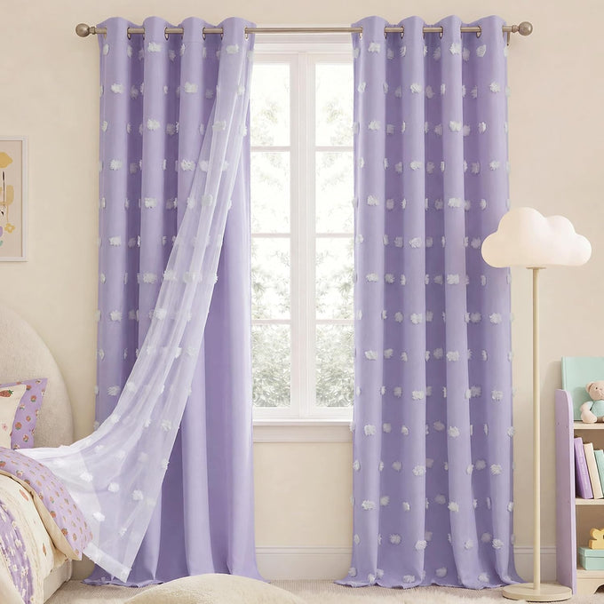 NICETOWN Lavender Purple Pom Pom Curtains, Room Darkening Double Layer Sheer Drapes for Girls Bedroom, Thermal Insulated Window Treatments, W52 x L84, 2 Panels