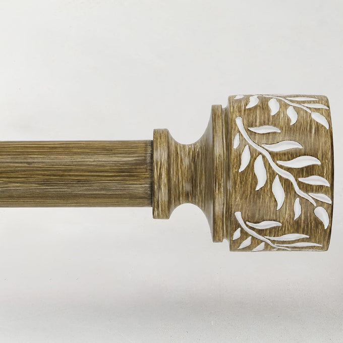 2 Pack Boho Wood Curtain Rods for Windows 32 to 150 Inch, 1" Adjustable Heavy Duty Curtain Rod with Imitation Wooden Grain Leaf Finials, Rustic Decorative Drapery Rods, Size 32"-150", Weathered Wood