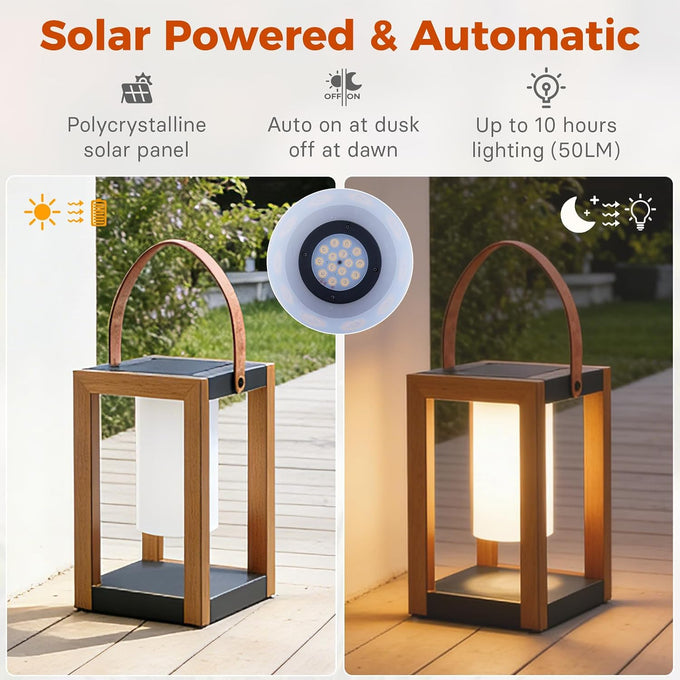 Solar Yard Outdoor Solar Lanterns, Solar Lamp Decorative Outdoor Water-Resistant Steel Table Decor with Handle for Patio, Yard, Porch, Small Woodgrain