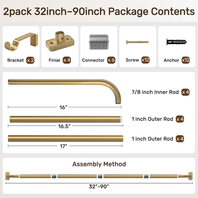 Curtain Rod 2 pack 32-90", Heavy Duty Curtain Rods, Brushed Gold