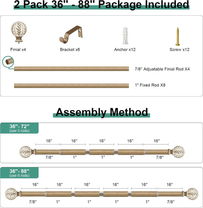 QDWIS 2 Pack Boho Wood Curtain Rods for Windows 48 to 84 inch,1" Adjustable Heavy Duty Window Curtain Rod with Imitation Wood Grain Finials,Rustic Decorative Drapery Rods Set 36-88'',Weathered Wood