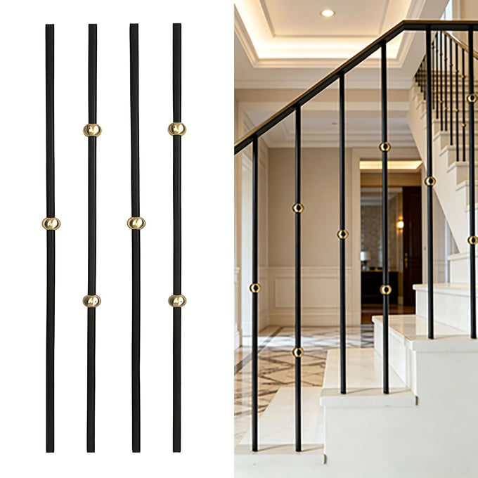 Round 5/8" *44" Hollow Metal Staircase Balusters Matt Black, 10 Pcs/Pack (5Pcs Plain with Single Brass Ball + 5Pcs Plain Double Brass Ball), Wrought Iron Balusters for Interior Stair Railing.