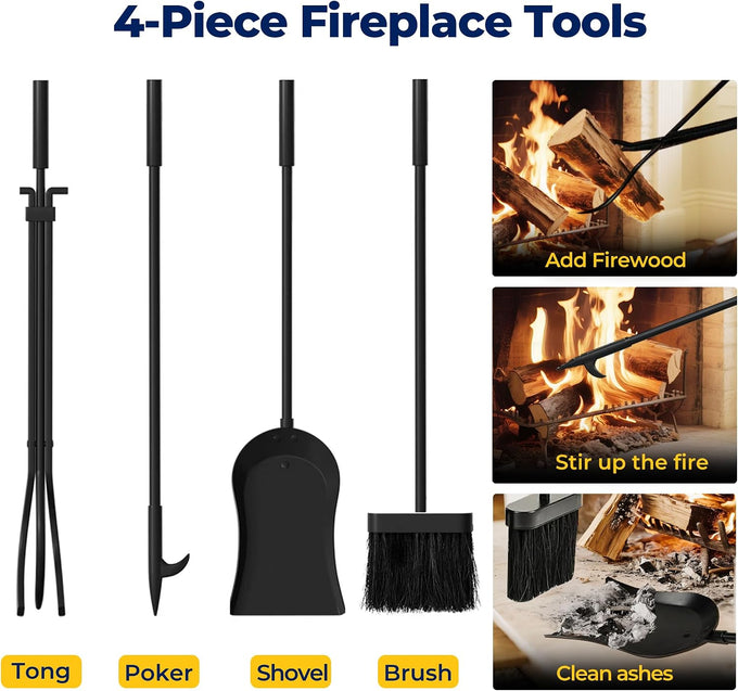 AMAGABELI GARDEN & HOME Firewood Rack Indoor with Tools 5-Piece Fireplace Tools Set Wood Holder Outdoor Wrought Iron Log Holder Firewood Storage Rack for Fireplace,Fire Pit,Wood Stove Black