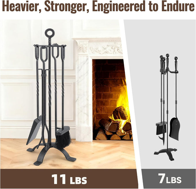 Amagabeli 5 Pieces Fireplace Tools Sets Wrought Iron Indoor Fireplace Set with Poker Tongs Broom Shovel Stand Fire Tools Outdoor Rustic Fire Poker Set Fire Place Hearth Accessories Sets Antique Pewter