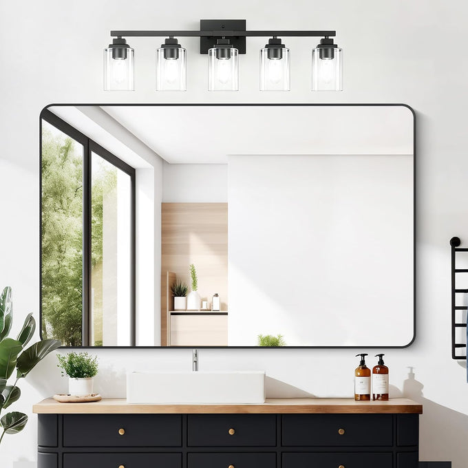 Matte Black Bathroom Light Fixtures, 5-Light Vanity Lights over mirror