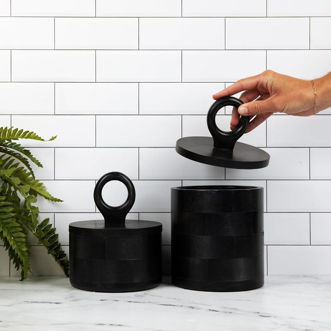 Premium Designer Black Wood Canister with Lids - Set of 2 - Decorative Jars for Kitchen Decor, Dining Room and Pantry