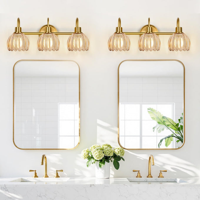 Bathroom Light Fixtures, 3-Light Brushed Gold Vanity Lights for Bathroom with Ribbed Amber Tulip Glass Shade, 20 in Bathroom Vanity Lights Over Mirror for Bedroom, Living Room, Hallway