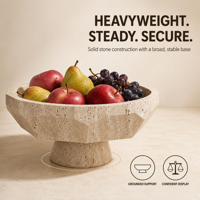 Natural Beige Travertine Pedestal Fruit Bowl, Heavyweight Geometric Diamond Faceted Stone Bowl, Modern Decorative Centerpiece Bowl for Kitchen Counter Island, Entryway Table & Dining Room
