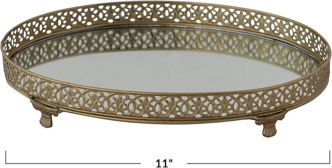 Creative Co-Op Oval Metal Filigree Footed Tray with Mirror, Gold Finish