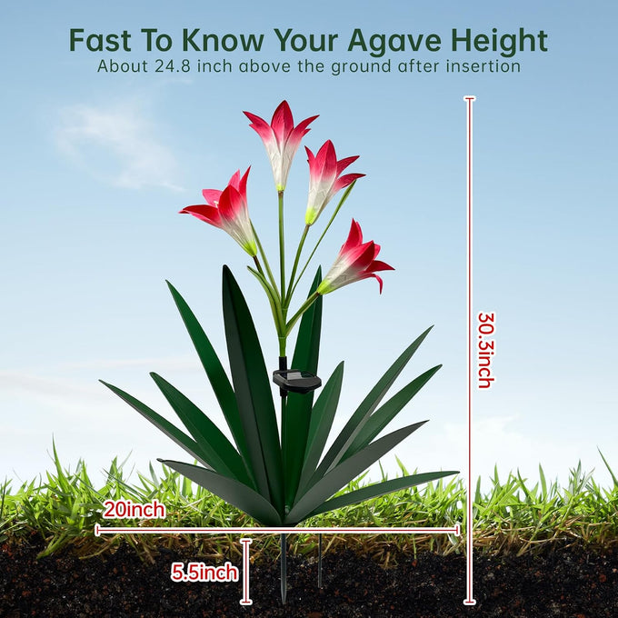 Homight Solar Metal Agave Lily Flower Garden Sculpture with LED Lights 30.3 Inch Waterproof Outdoor/Indoor Yard Decor Handmade Lawn Ornament Gift for Family Friends (3, Grass Green)