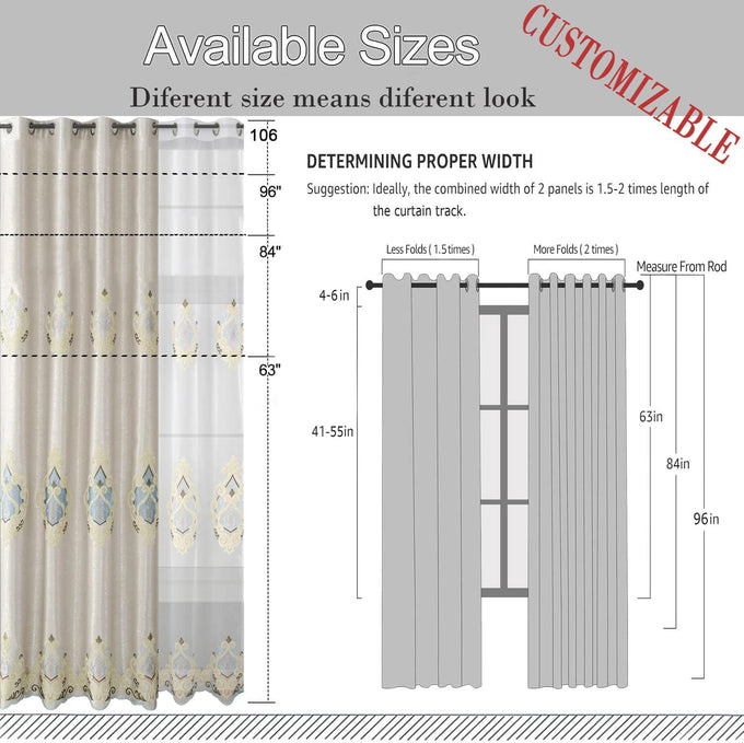 VOGOL Embroidered Curtains 84 inches Long Grommet Window Treatment Voile Panel Drape for Living Room Kitchen, Two Panels, W54 x L84 inch