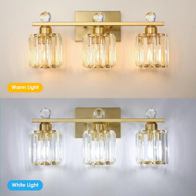 3-Light Gold Bathroom Light Fixtures,Modern Bathroom Vanity Lights Fixture with Clear Crystal Glass Shade, Modern Crystal 3 Lights Wall Sconce for Mirror Bedroom Living Room