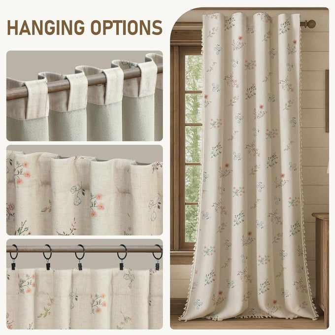 Boho Floral 100% Blackout Curtains 84 Inch 2 Panels Linen Texture