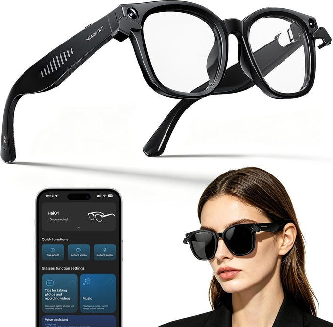 Headwolf AI Smart Glasses with 8MP Camera & Magnetic Privacy Cover