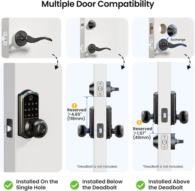 Veise VE018 Fingerprint Keypad Smart Door Knob Handle Lock, Matte Black