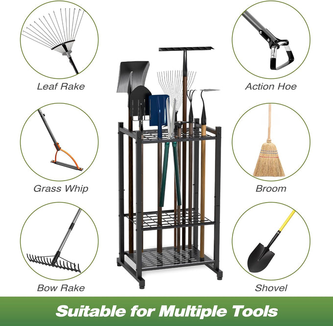 Garden Tool Organizer, Garage Tool Organizer & Garage Organization, Heavy Duty Steel Tool Storage Rack Holds 35 Rakes, Brooms Tools, Broom Holder and Mop Holder, Shed Organizer for Home Organization