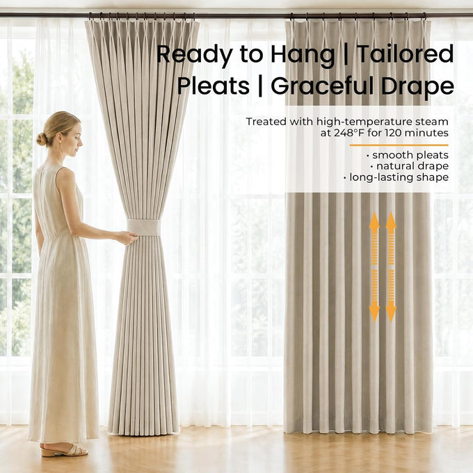 Topfinel Oatmeal Pinch Pleated Curtains Blackout for Living Room Linen Textured Draperies with Blackout Liner High End Tailored Look Farmhouse Aesthetic 80 Inches 2 Panels Set Oatmeal 40" W*80" L