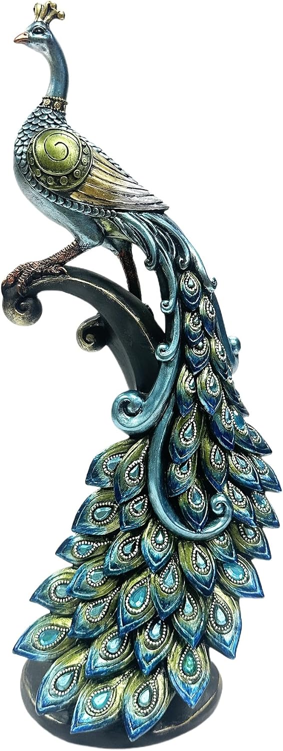 Nature's Mark 16 Inches Tall Peacock Statue - Decorative Resin Peacock Sculpture with Intricate Hand-Painted Details, Blue and Gold Accents for Home, Office, or Garden Decor