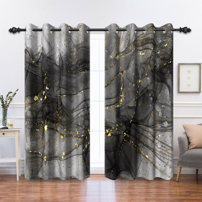 Grey Black Gold Ink Marble Blackout Window Curtains 2 Panels 84" L x 53" W