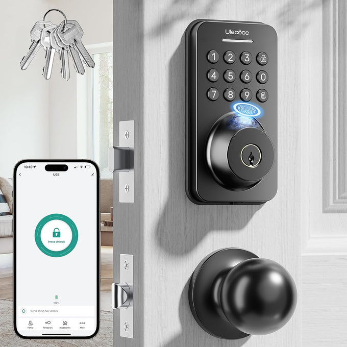Ulecoce U68 Fingerprint Keypad Deadbolt with Knob Set, Matte Black