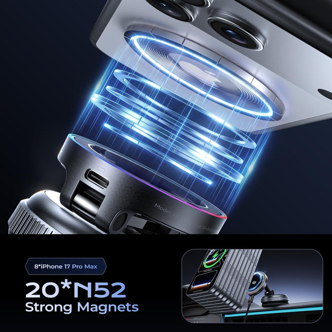 Magnetic Car Mount Charger,25W Fast Wireless Charging Stand with RGB Light