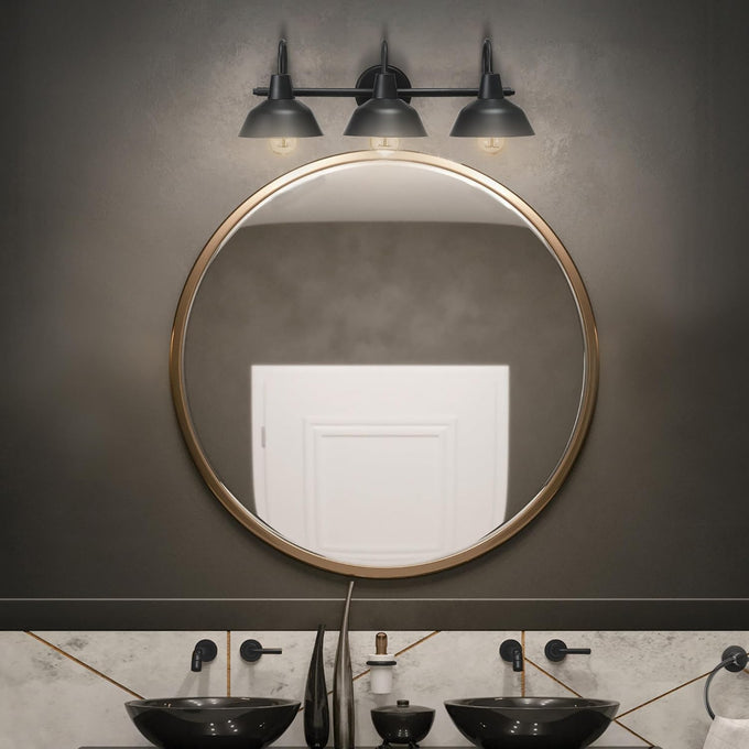 Globe Electric 65554 Barnyard 3-Light Vanity Light, Matte Black, White Interior Shades