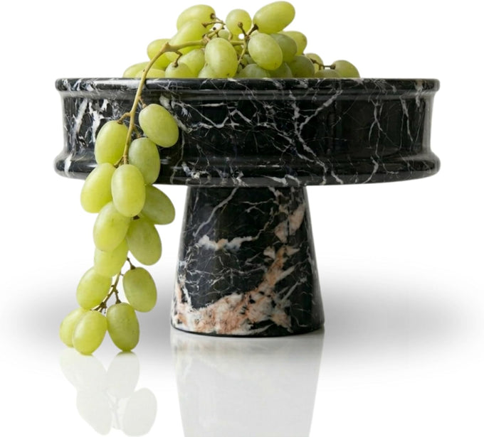 Marble Pedestal Bowl for Kitchen Counter, 10" Handcrafted Natural Stone Decorative Fruit Bowl, Catch-All Key Dish, Dining Table Centerpiece, Pedestal Bowl, & Housewarming Gift (Black Marble)