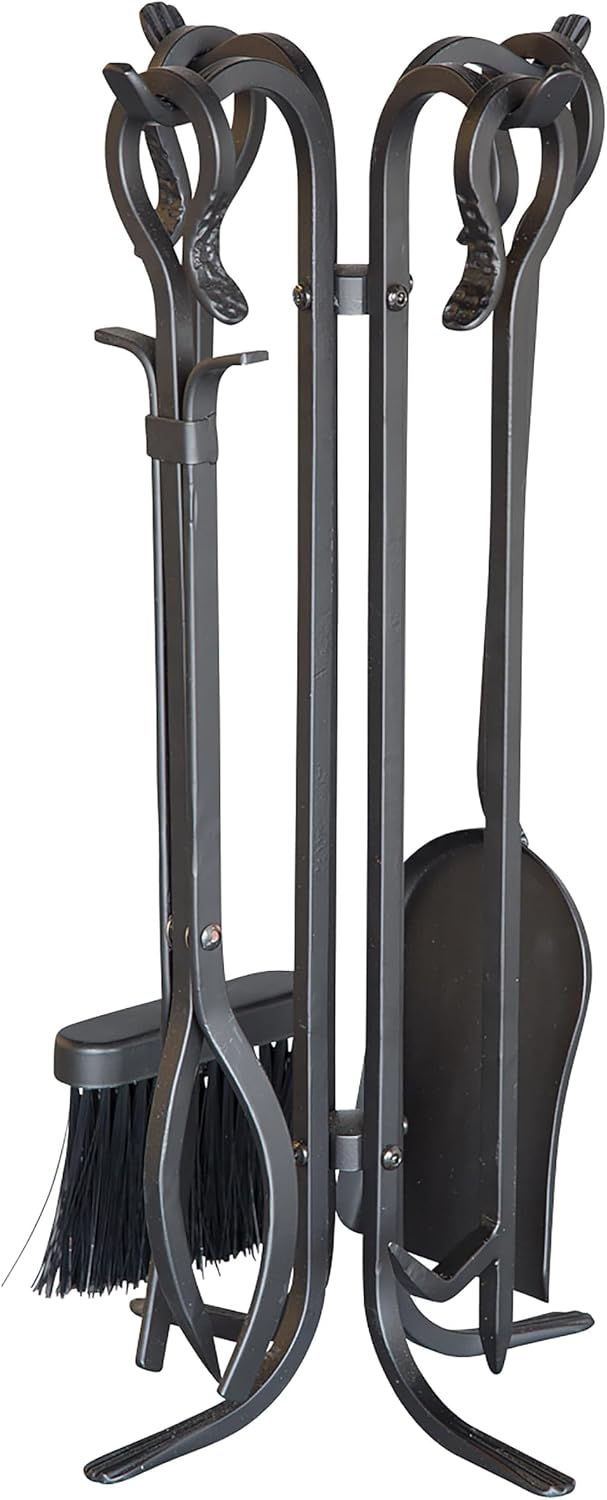 Plow & Hearth 5 Piece Hand Forged Iron Compact Fireplace Tool Set 20" | Black Wrought Iron Handle for Outdoor Indoor | Stand Poker Shovel Brush Log Tongs Wood Stove Accessory