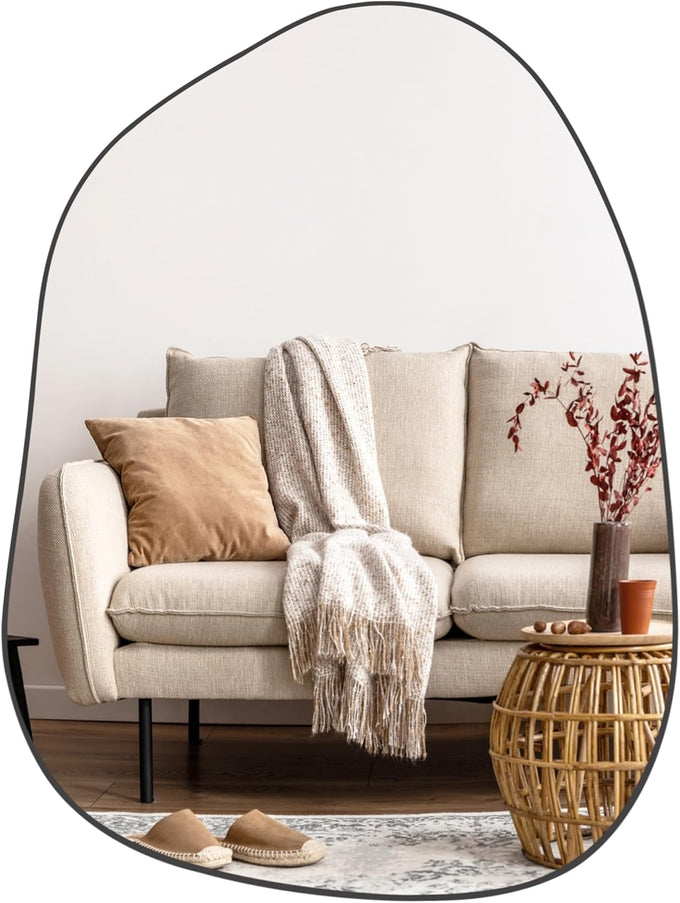 PERFNIQUE Irregular Asymmetrical Wall Mirror, 32"x24" Black Bathroom Mirror