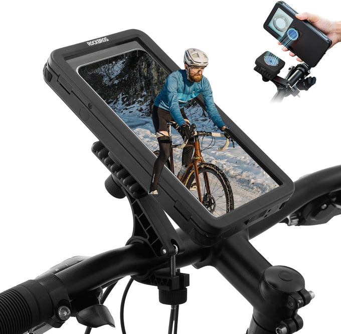 ROCKBROS Magnetic Bike Cell Phone Holder IPX4 Waterproof Motorcycle Phone Mount on Handlebar Fit for 4.7"-6.9" Phones FlipCase 360° Full-Body Protection 3S Quick Auto Lock Rotateable Anti-Shock