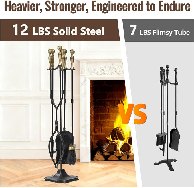 AMAGABELI Garden & Home 5 Pcs Fireplace Tools Brass Handles Wrought Iron Set Holder Indoor Outdoor Fireset Fire Pit Stand Rustic Tongs Shovel Brush Chimney Poker Wood Stove Hearth Accessories Kit