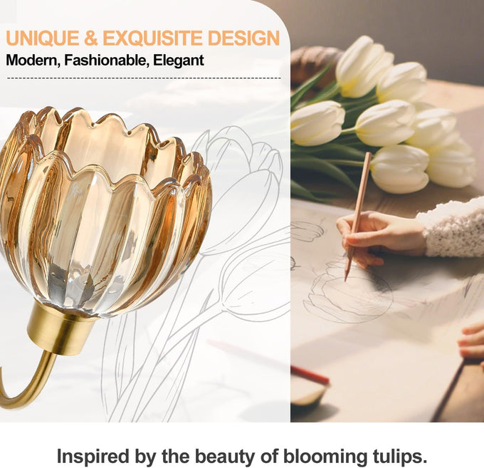 Bathroom Light Fixtures, 3-Light Brushed Gold Vanity Lights for Bathroom with Ribbed Amber Tulip Glass Shade, 20 in Bathroom Vanity Lights Over Mirror for Bedroom, Living Room, Hallway