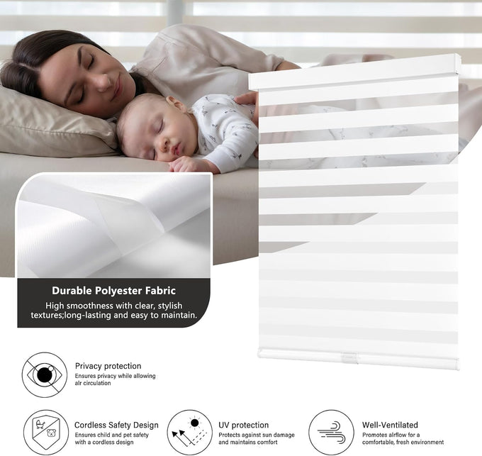AOSKY Cordless Zebra Blinds for Indoor Windows, 34" W x 72" H, White