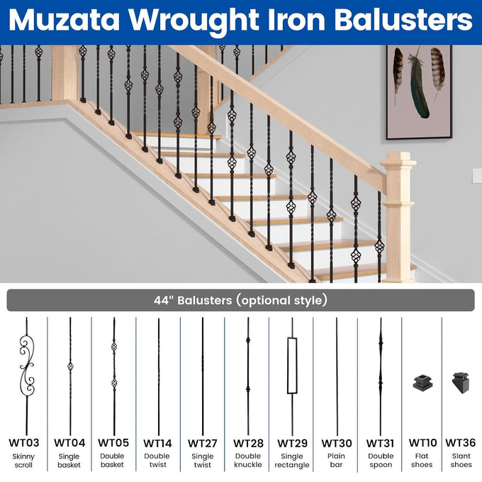 Muzata 5 Pack 44" S Scroll Hollow Iron Balusters WT03