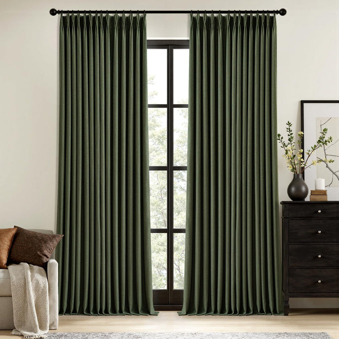 MIULEE Olive Green Pinch Pleated 100% Blackout Linen Curtains 40x84 Inches