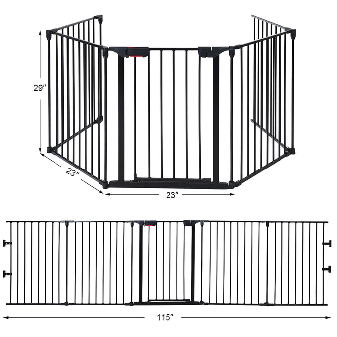 Costzon Baby Safety Gate, 121 Inch Length 5 Panel Adjustable Wide Fireplace Fence, BBQ Metal Fire Screen Gate, Pet Isolation Fence with Walk-Through Door, Freestanding Pets Gate