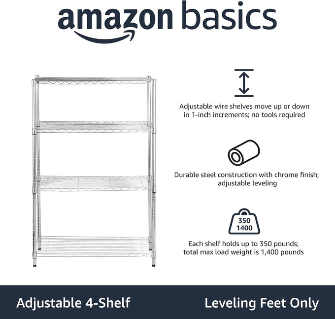 Amazon Basics 4-Shelf Adjustable Heavy Duty Steel Wire Rack Storage Shelving Unit for Kitchen, Garage, Easy Assembly, 350 lbs Per Shelf, 36" x 14" x 54", Chrome Silver