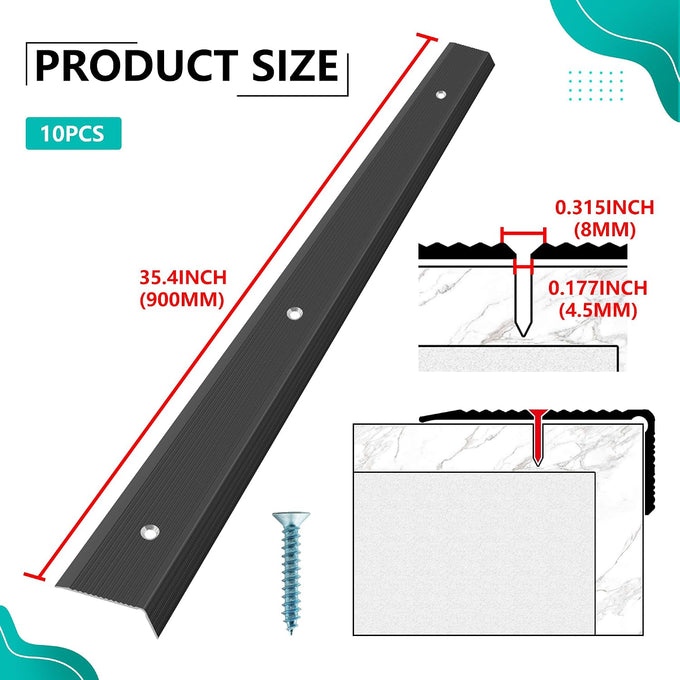 35.4“ 10pcs 1.79 * 0.79" Matte Black Aluminum Stair Nosing with Hole, Anti-Slip Edge Protector for Indoor & Outdoor Stairs, Waterproof Self-Adhesive Stair Molding Trim