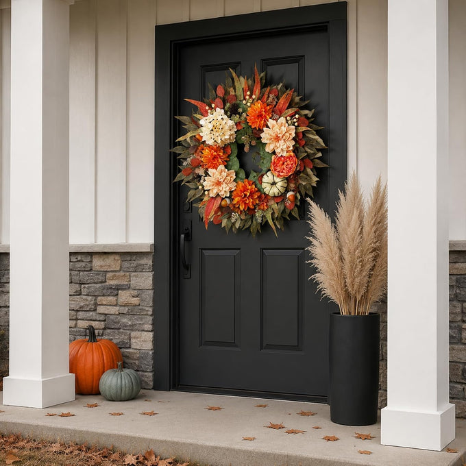 24"Artificial Silk Hydrangea Flower Dahlia Fall Wreath for Front Door Decor