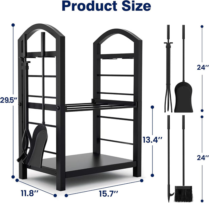 AMAGABELI GARDEN & HOME Firewood Rack Indoor with Tools 5-Piece Fireplace Tools Set Wood Holder Outdoor Wrought Iron Log Holder Firewood Storage Rack for Fireplace,Fire Pit,Wood Stove Black