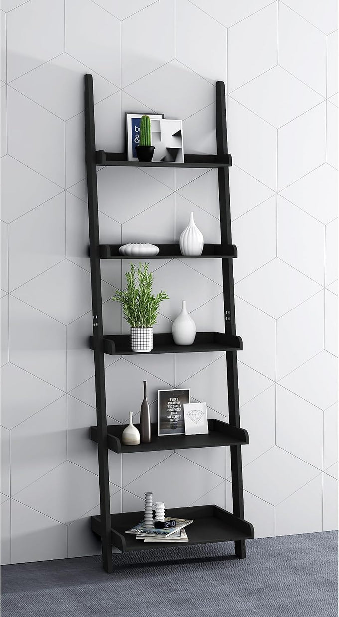eHemco Modern 5 Tier Leaning Wall Ladder Bookshelf, Black, 70 Inches
