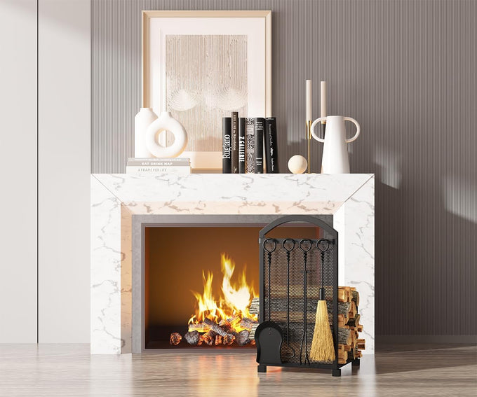 Lizh Metalwork Fireplace Log Holder with Fireplace Tools, Wrought Iron Indoor Stove Accessories Firewood Rack Holder Lumber Storage Stacking Log Holder Log Bin with Tongs Shovel Poker and Brush