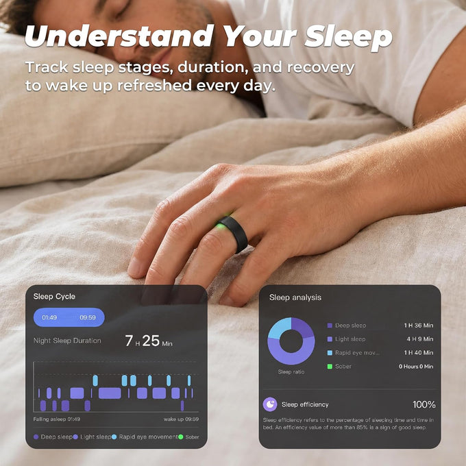Smart Ring for Women Men, Sleep Tracker, 12 Sports Modes, Size 14 Black