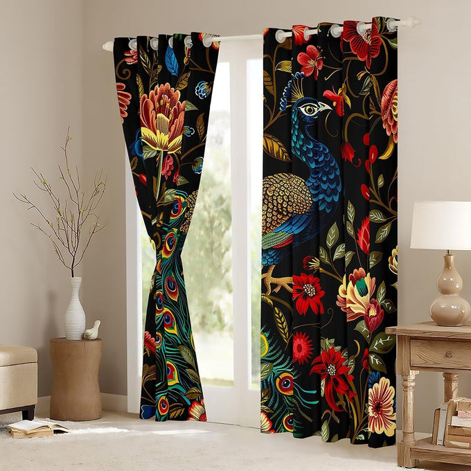 Feelyou Peacock Floral Blackout Curtains 2 Panels 52x84 Inch